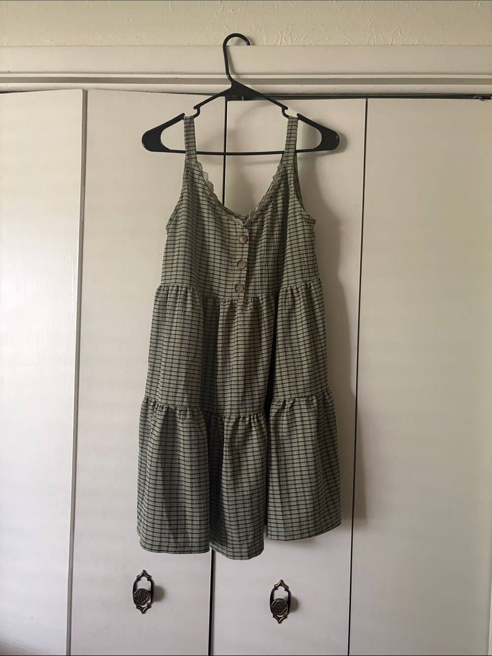 Tiered Button-Front Plaid Sundress in Olive Green